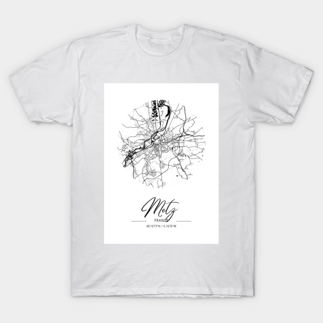 Metz - France Black Water City Map T-Shirt by tienstencil